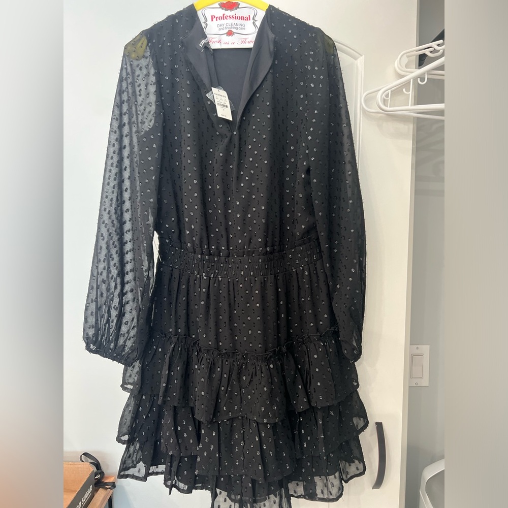 Express Black Sequin V-Neck Long Sleeve Tiered Ruffle Dress